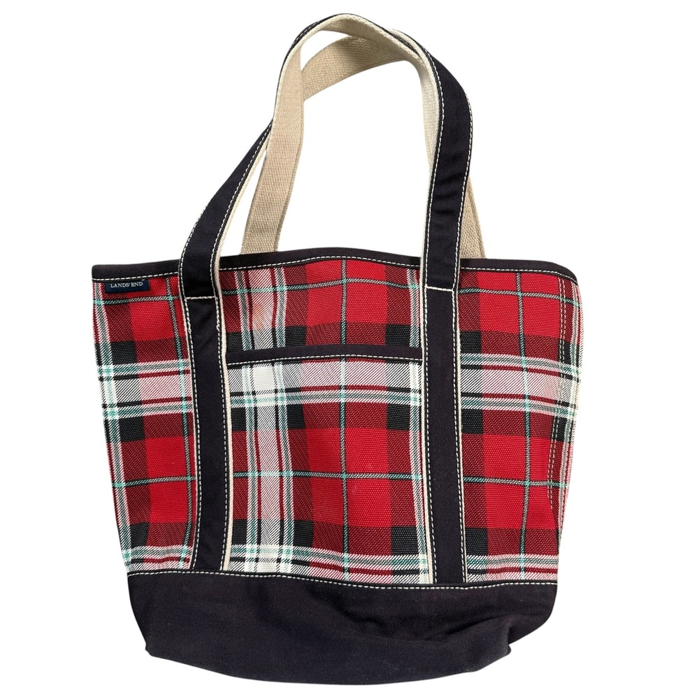 Lands' End Plaid Canvas Tote Bag Tartan Plaid Holiday Preppy Shopping Boat Tote